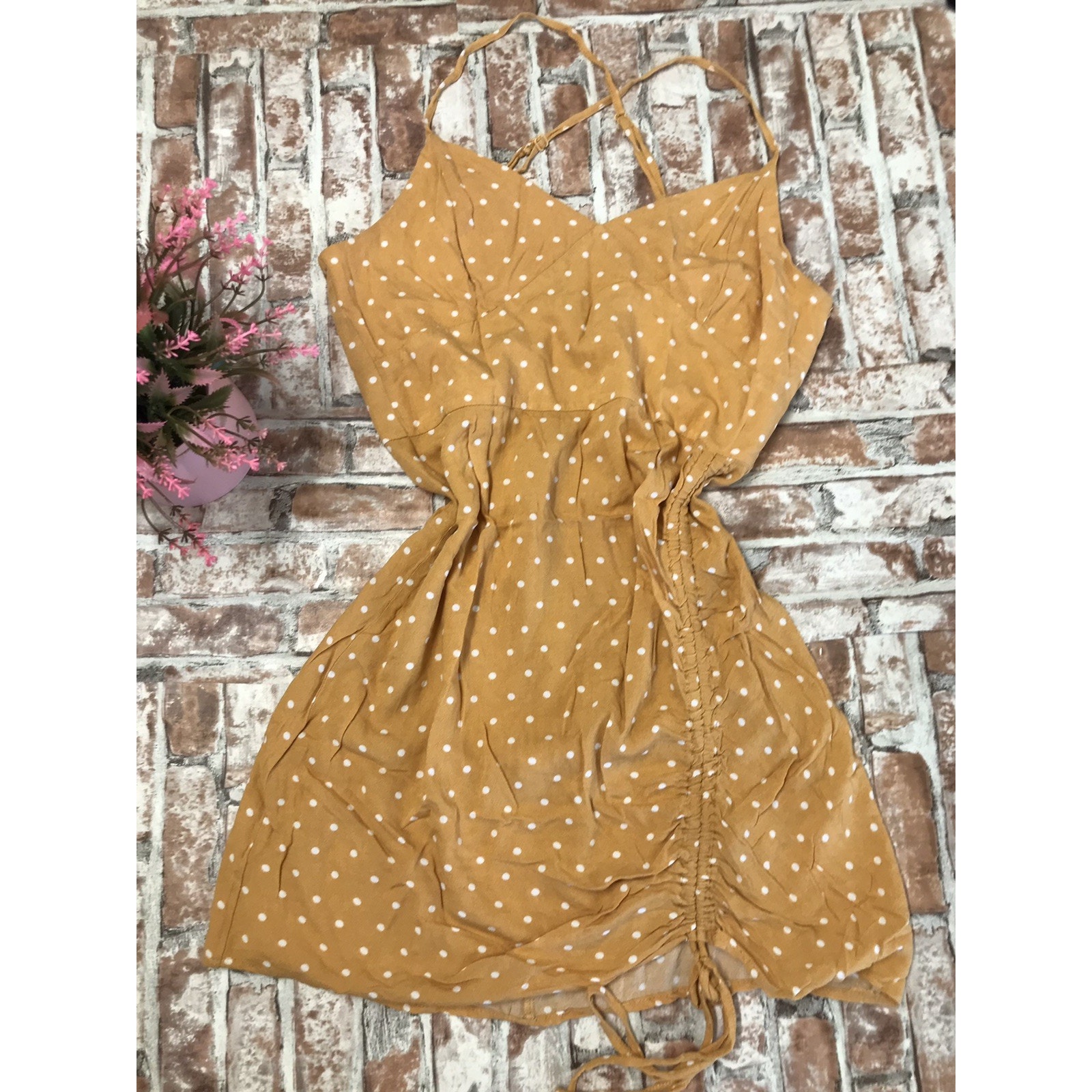 L.A. Hearts Pac Sun Women's Juniors Teens Sm Mustard Color Polka Dots Dress Boho